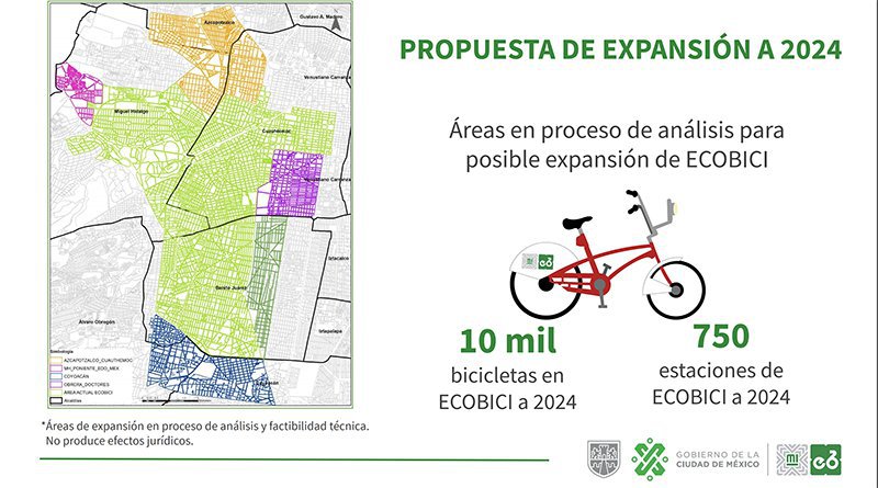 A map showing the planned expansion of the EcoBici scheme in Mexico City. Copyright Mexico City Government